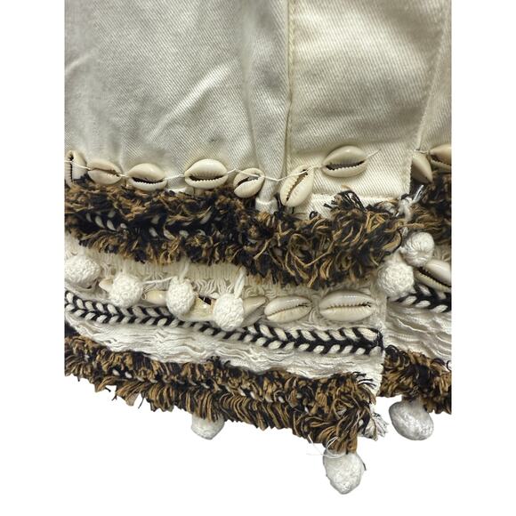 Zara Womens SZ S Jacket white brown emblished seashells tassels button beach - Picture 5 of 7